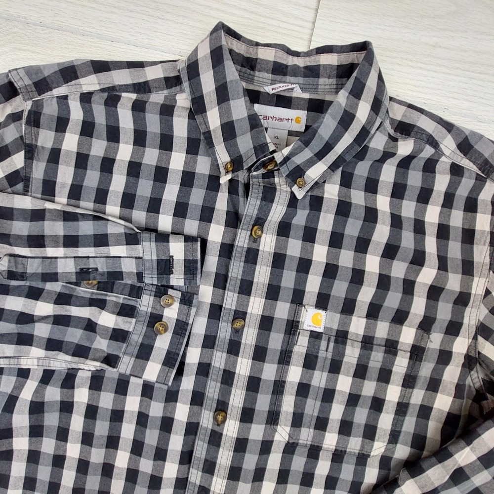 Carhartt‎ Button Down Shirt Mens XL Black Grey Relaxed Fit Plaid 103899 001